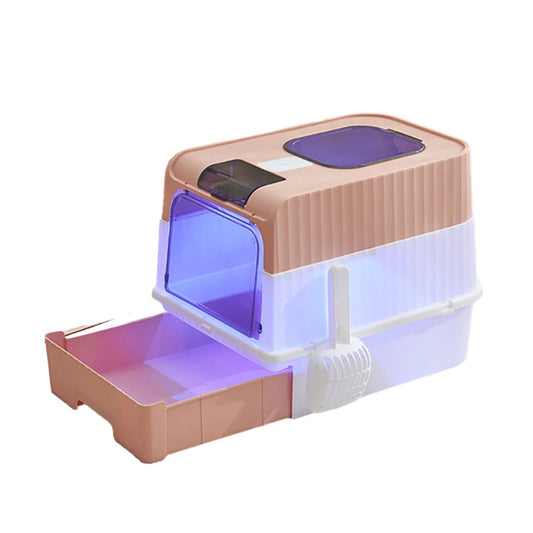 Caja De Arena Para Gatos Con Función Ultravioleta UVC, Entrada Superior Cerrada Grande, Caja De Arena Antisalpicaduras Con Tapa, Conveniente Apagado Automático