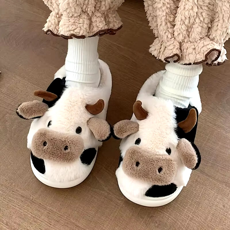 Zapatillas de casa para mujer con forma de vaca, cómodas, suaves y cálidas, con forro cerrado, zapatos peludos para otoño e invierno