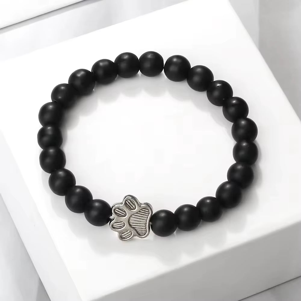 Pulsera Con Estampado De Pata De Piedra Volcánica Para Hombre Y Mujer, Brazalete Conmemorativo De Lava Negra Mate Natural, Joyería Para Amantes De Los Perros Y Gatos, Regalos