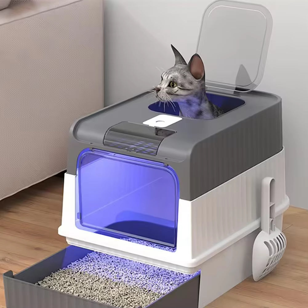 Caja De Arena Para Gatos Con Función Ultravioleta UVC, Entrada Superior Cerrada Grande, Caja De Arena Antisalpicaduras Con Tapa, Conveniente Apagado Automático