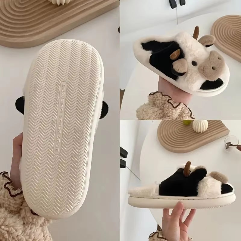 Zapatillas de casa para mujer con forma de vaca, cómodas, suaves y cálidas, con forro cerrado, zapatos peludos para otoño e invierno