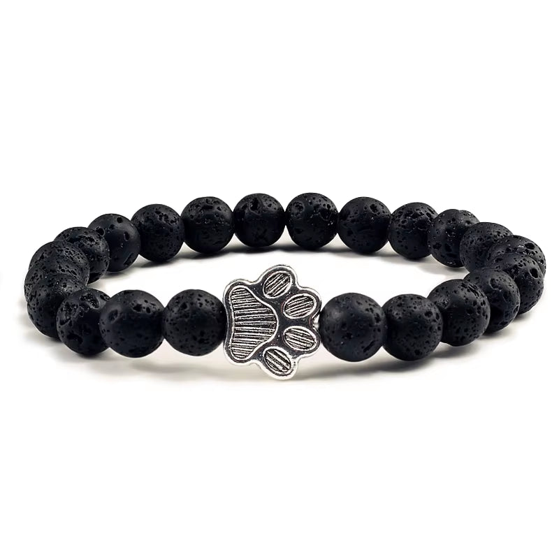 Pulsera Con Estampado De Pata De Piedra Volcánica Para Hombre Y Mujer, Brazalete Conmemorativo De Lava Negra Mate Natural, Joyería Para Amantes De Los Perros Y Gatos, Regalos