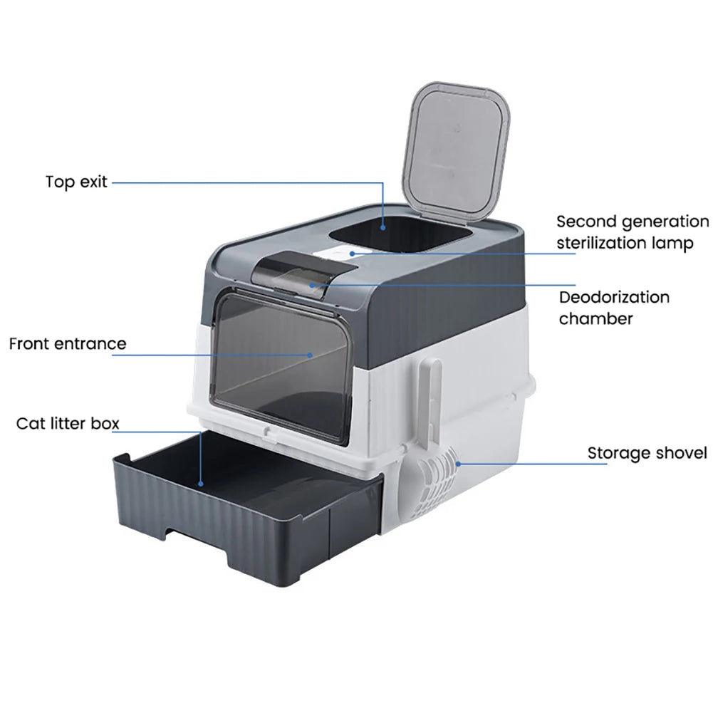 Caja De Arena Para Gatos Con Función Ultravioleta UVC, Entrada Superior Cerrada Grande, Caja De Arena Antisalpicaduras Con Tapa, Conveniente Apagado Automático